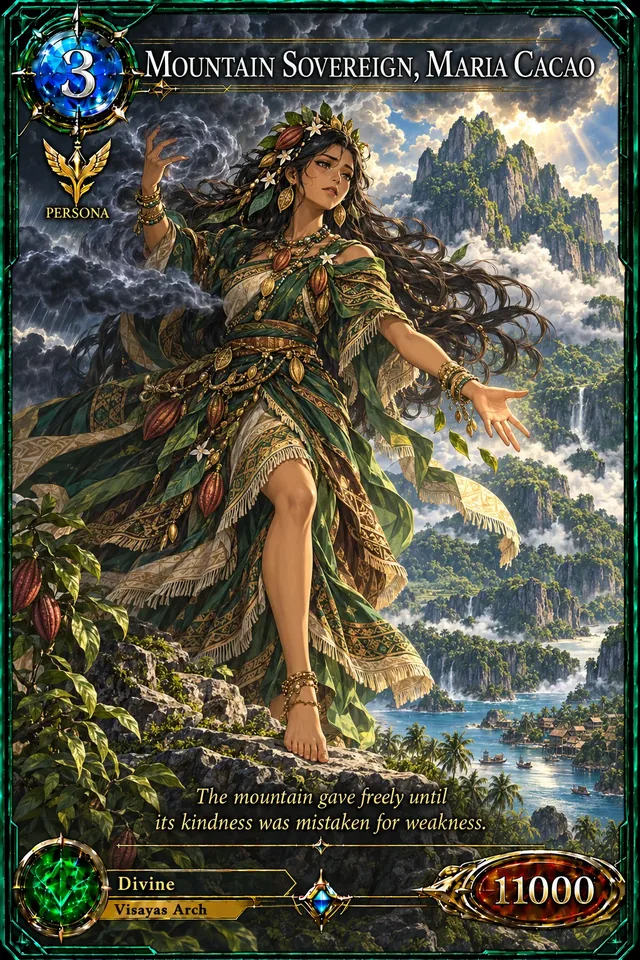 Maria Cacao, a card from the Visayas set of Codex Legends, depicting the diwata of Mount Lantoy.